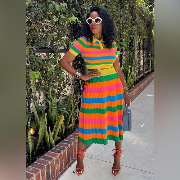 Women’s Colorful Rainbow Striped Cropped Shirt & Pleated Maxi Skirt Set Sz Large - Picture 9 of 12